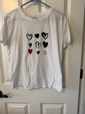LOFT White Short Sleeve Tee with Black and Red Heart Motifs